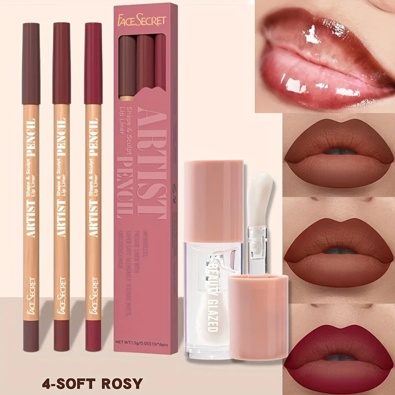 💄 4pcs Matte Lipliner & Lip Gloss Combo – Set Lèvres Mat, Hydratant & Longue Tenue