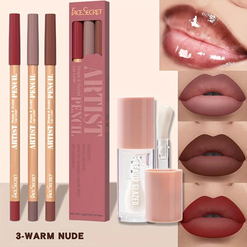 💄 4pcs Matte Lipliner & Lip Gloss Combo – Set Lèvres Mat, Hydratant & Longue Tenue