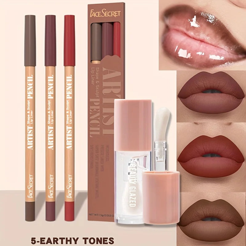 💄 4pcs Matte Lipliner & Lip Gloss Combo – Set Lèvres Mat, Hydratant & Longue Tenue