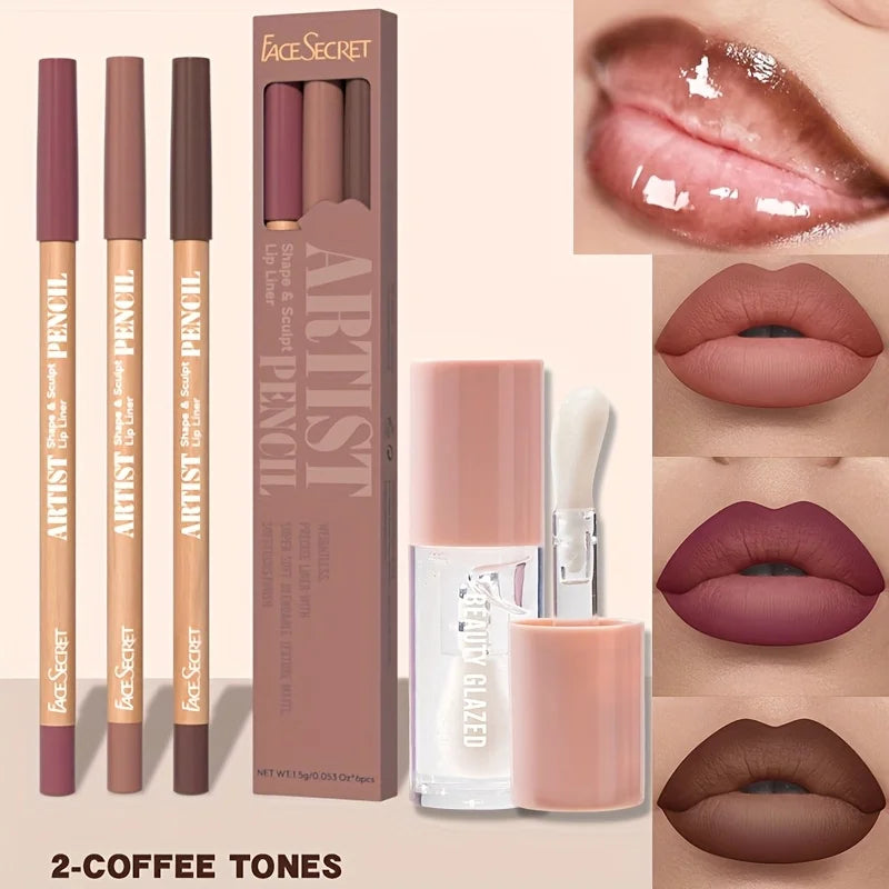 💄 4pcs Matte Lipliner & Lip Gloss Combo – Set Lèvres Mat, Hydratant & Longue Tenue