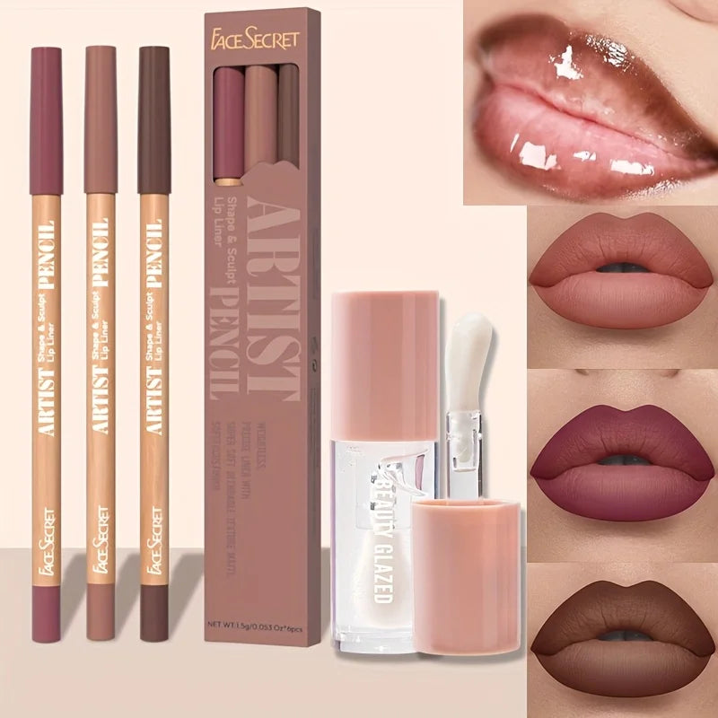 💄 4pcs Matte Lipliner & Lip Gloss Combo – Set Lèvres Mat, Hydratant & Longue Tenue